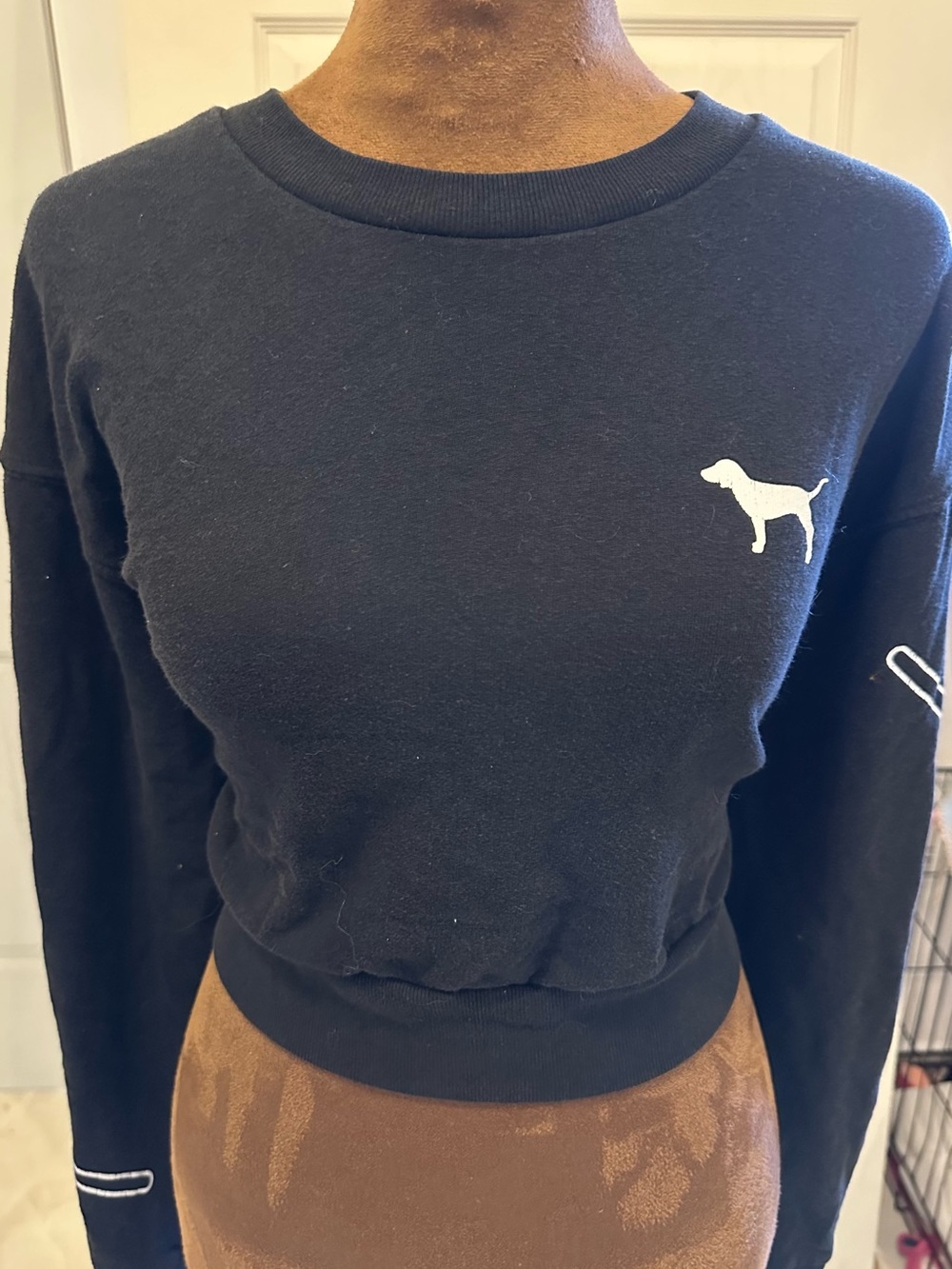 PINK Victoria's Secret Black Crewneck Cropped Sweater with White Dog Emblem